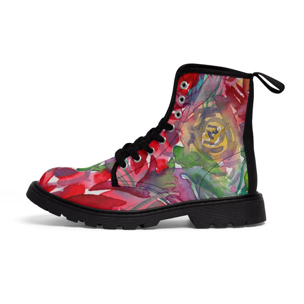 Red Floral Women's Boots, Floral Print Laced Up Designer Women's Boots, Best Winter Boots For Women