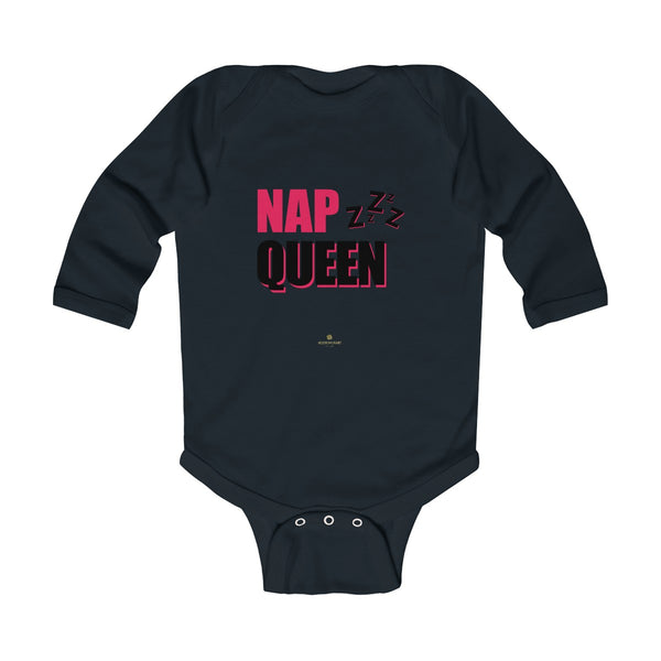 Cute Nap Queen Pink Baby Girls Infant Kids Long Sleeve Bodysuit -Made in USA-Infant Long Sleeve Bodysuit-Black-NB-Heidi Kimura Art LLC