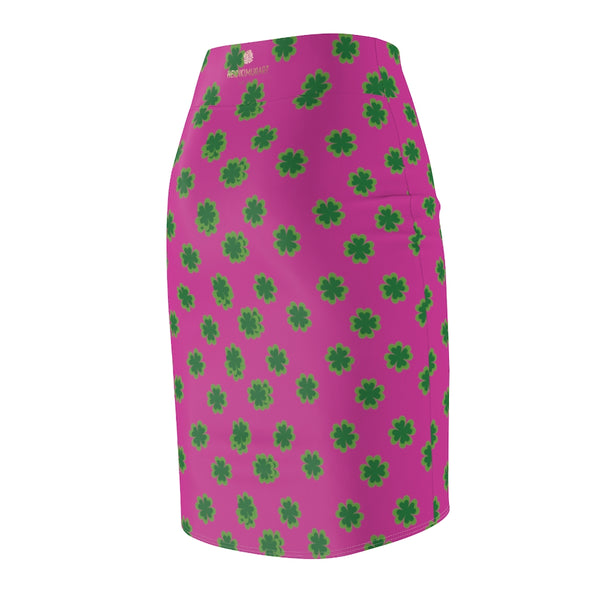 Hot Pink And Green Clover Leaf Print St. Patrick's Day Women's Pencil Skirt- Made in USA-Pencil Skirt-Heidi Kimura Art LLC