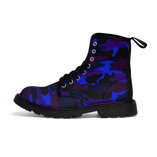 Blue Purple Camouflage Military Army Print Men's Canvas Winter Laced Up Boots-Men's Boots-Heidi Kimura Art LLC