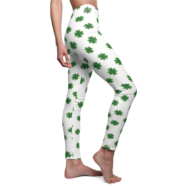 White Green St. Patrick's Day Green Clover Print Women's Long Casual Leggings- Made in USA-Casual Leggings-Heidi Kimura Art LLC