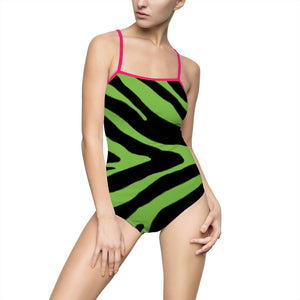 Green Zebra Women's Swimwear, Women's One-piece Designer Zebra Animal Print Designer Best Women's Premium 1-pc Thin Strap Unpadded Luxury Swimwear Swimming Suits (US Size: XS-3XL) Zebra Bathing Suit, Zebra Print Swim Suits 