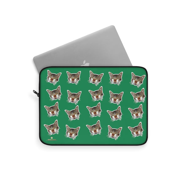 Dark Green Peanut Meow Cat Calico Print 12",13",15" Computer Bag Laptop Sleeve- Made in USA-Laptop Sleeve-Heidi Kimura Art LLC