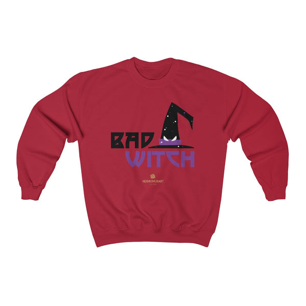 Halloween Sweatshirt, Bad Witch Unisex Heavy Blend Crewneck Shirt-Made in USA (US Size: S-5XL)-Long-sleeve-Cherry Red-S-Heidi Kimura Art LLC
