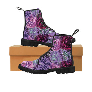 Abstract Pink Floral Women's Boots, Pink and Purple Flower Rose Print Elegant Feminine Casual Fashion Gifts, Flower Rose Print Shoes For Rose Lovers, Combat Boots, Designer Women's Winter Lace-up Toe Cap Hiking Boots Shoes For Women (US Size 6.5-11)