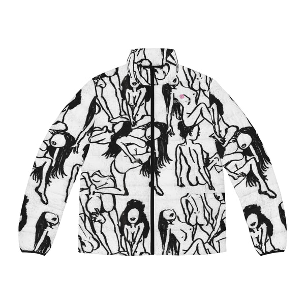 White Nude Art Men's Jacket, Best Modern Minimalist Classic Artistic Premium Unique Fashion Regular Fit Polyester Men's Puffer Jacket With Stand Up Collar (US Size: S-2XL)
