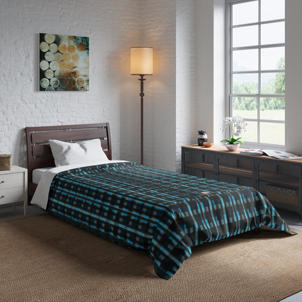 Blue Tartan Plaid Print Luxury Designer Best Comforter For King/Queen/Full/Twin Bed-Comforter-Heidi Kimura Art LLC