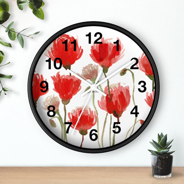 Red Poppy Floral Wall Clock,  Best Numeric Floral 10 inch Diameter Flower Wall Clock-Made in USA, Large Round Wood Girl Children Bedroom Wall Clock