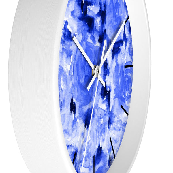 Blue Floral Rose Print Flower Modern 10 inch Diameter Wall Clock - Made in USA-Wall Clock-Heidi Kimura Art LLC