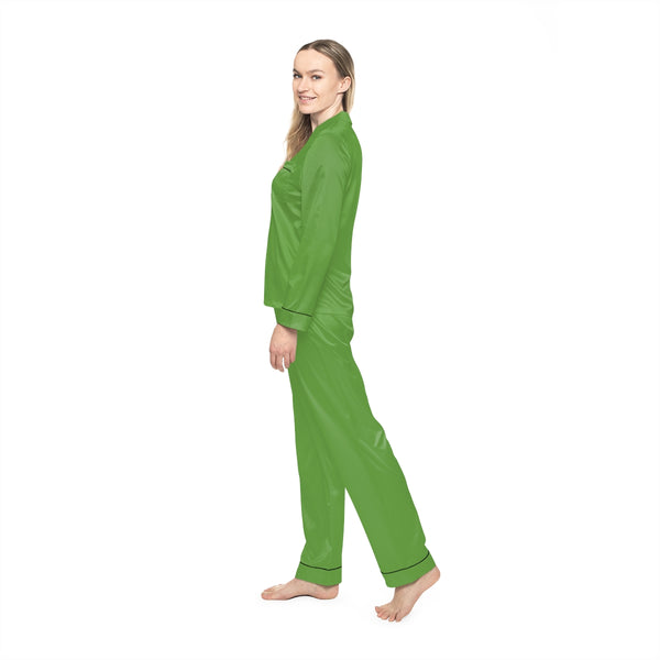 Light Green Women's Satin Pajamas, Luxury Premium Solid Color Loungewear For Women