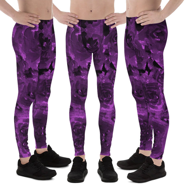 Purple Floral Men's Leggings, Abstract Print Sexy Meggings Men's Workout Gym Tights Leggings, Men's Compression Tights Pants - Made in USA/ EU (US Size: XS-3XL)