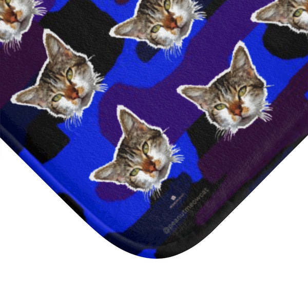 Blue Camo Cat Print Bath Mat, Purple Calico Cat Soft Microfiber Bath Rug-Printed in USA-Bath Mat-Heidi Kimura Art LLC
