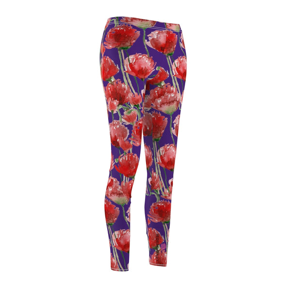 Purple Poppy Floral Casual Tights, Women's Floral Casual Leggings