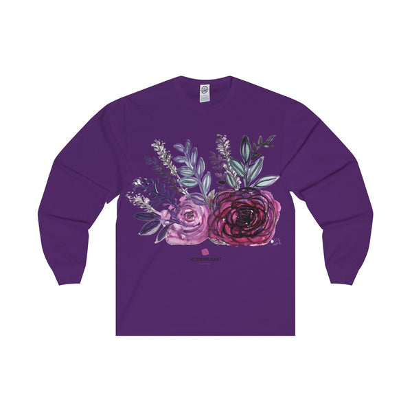 Rose Floral Print Premium Women's Designer Long Sleeve Tee - Made in USA-Long-sleeve-Purple-S-Heidi Kimura Art LLC
