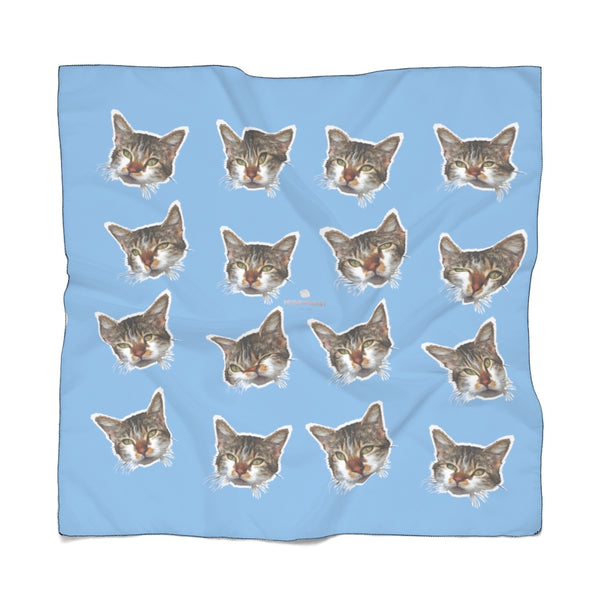 Light Blue Cat Print Poly Scarf, Cute Fashion Accessories For Men/Women- Made in USA-Accessories-Printify-Poly Voile-25 x 25 in-Heidi Kimura Art LLC