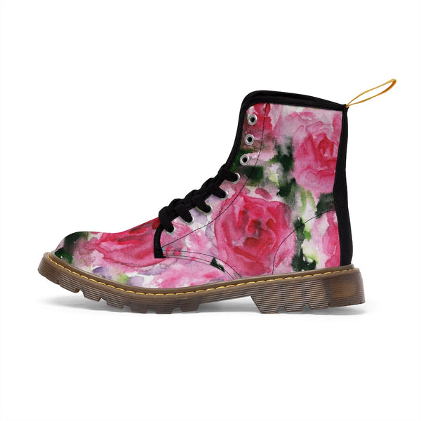 Abstract Pink Floral Women's Boots, Flower Rose Print Elegant Feminine Casual Fashion Gifts, Flower Rose Print Shoes For Rose Lovers, Combat Boots, Designer Women's Winter Lace-up Toe Cap Hiking Boots Shoes For Women (US Size 6.5-11)