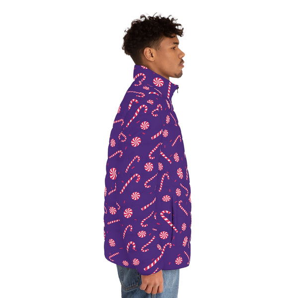 Purple Candy Cane Men's Jacket, Best Christmas Fashion Stylish Winter Designer Best Casual Men's Winter Jacket, Best Modern Minimalist Classic Regular Fit Polyester Men's Puffer Jacket With Stand Up Collar (US Size: S-2XL)