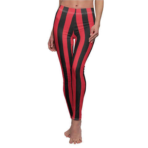 Red Black Striped Women's Casual Leggings, Vertical Stripes Tights-All Over Prints-Printify-White Seams-M-Heidi Kimura Art LLC