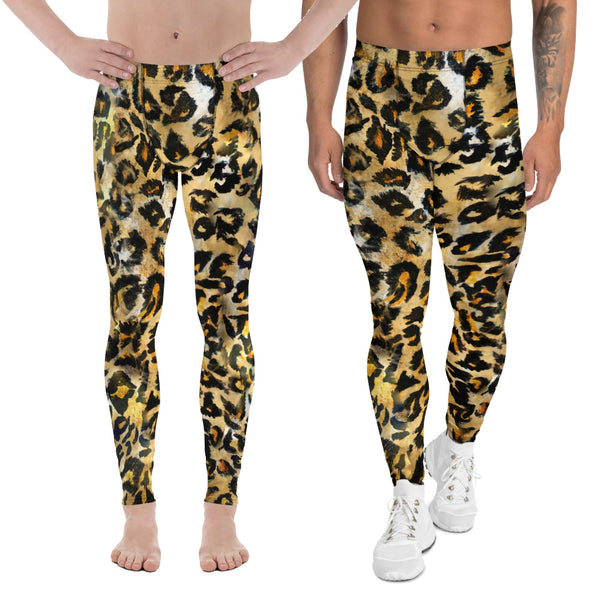 Leopard Rave Men's Leggings, Wild Animal Print Premium Classic Elastic Comfy Men's Leggings Fitted Festival Tights Pants - Made in USA/EU (US Size: XS-3XL) Spandex Meggings Men's Workout Gym Tights Leggings, Compression Tights, Kinky Fetish Men Pants