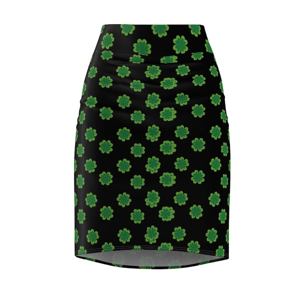 Green Clover Leaf Pencil Skirt, Black Irish Lucky St. Patrick's Day Women's Skirt- Made in USA-Pencil Skirt-Heidi Kimura Art LLC
