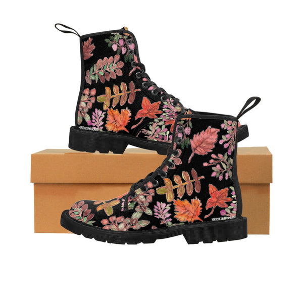 Fall Leaves Print Women's Boots, Black Orange Autumn Fall Leaves Print Women's Boots, Best Winter Boots For Women