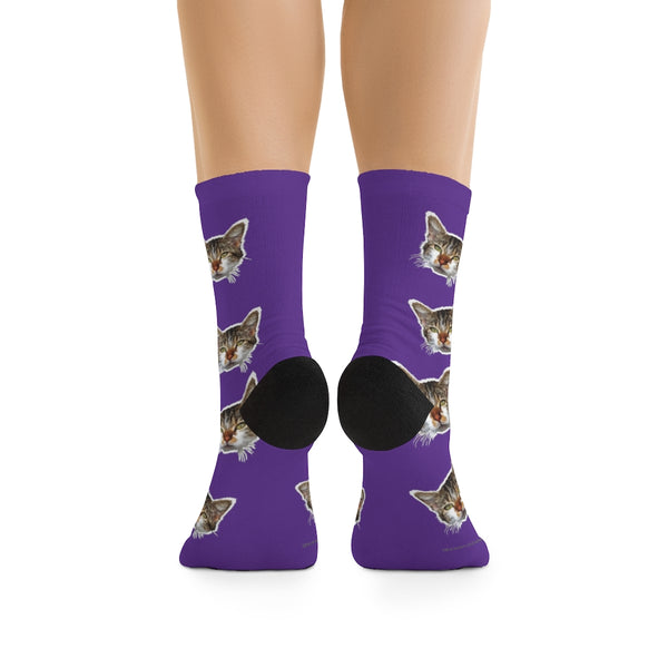 Purple Cat Print Socks, Designer Cute Calico Cat 1-Size Knit Unisex Socks- Made in USA-Socks-One size-Heidi Kimura Art LLC