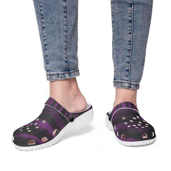 Purple Tiger Slip On Sandals, Tiger Striped Animal Print Unisex Clogs, Best Solid Blue Color Classic Tiger Striped Printed Adult's Lightweight Anti-Slip Unisex Extra Comfy Soft Breathable Supportive Clogs Flip Flop Pool Water Beach Slippers Sandals Shoes For Men or Women, Men's US Size: 3.5-12, Women's US Size: 4-12