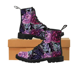Black Purple Rose Women's Boots, Floral Print Spring Style Elegant Feminine Casual Fashion Gifts, Flower Rose Print Shoes For Rose Lovers, Combat Boots, Designer Women's Winter Lace-up Toe Cap Hiking Boots Shoes For Women (US Size 6.5-11)