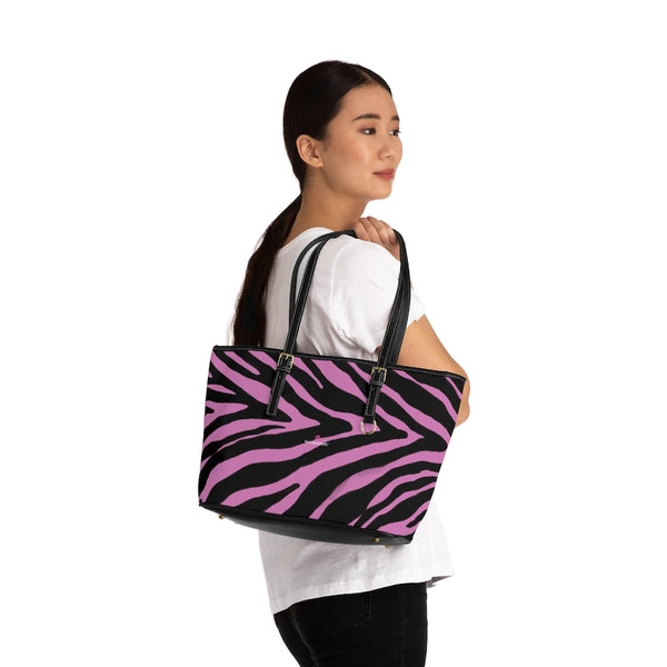 Light Pink Zebra Tote Bag, Zebra Striped Pink and Black Animal Print PU Leather Shoulder Large Spacious Durable Hand Work Bag 17"x11"/ 16"x10" With Gold-Color Zippers & Buckles & Mobile Phone Slots & Inner Pockets, All Day Large Tote Luxury Best Sleek and Sophisticated Cute Work Shoulder Bag For Women With Outside And Inner Zippers