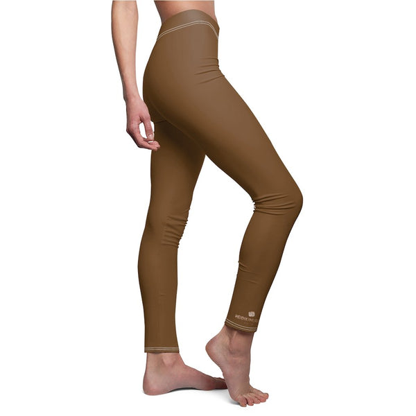 Brown Solid Color Print Women's Dressy Long Best Casual Leggings Tights-Made in USA-Casual Leggings-Heidi Kimura Art LLC