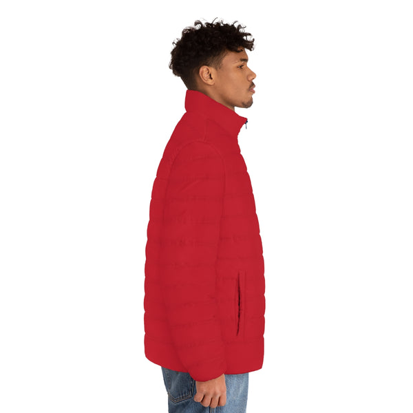 Hot Red Color Men's Jacket, Best Regular Fit Polyester Men's Puffer Jacket With Stand Up Collar (US Size: S-2XL)