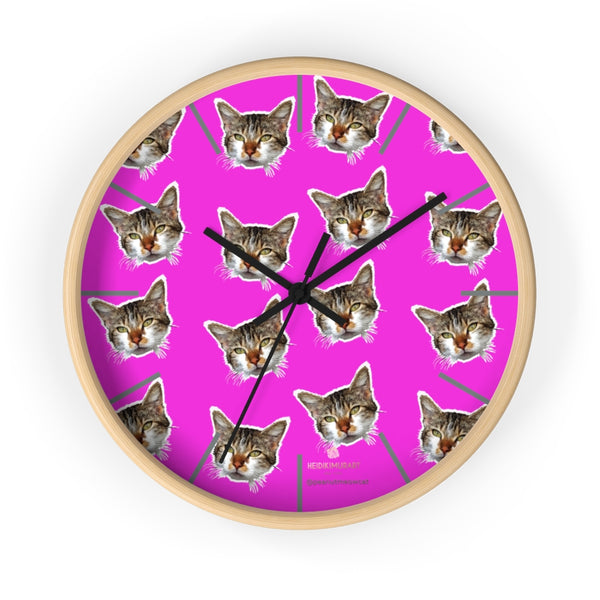 Hot Pink Cat Print Wall Clock, Calico Cat Large Unique 10" Dia. Indoor Clocks- Made in USA-Wall Clock-10 in-Wooden-Black-Heidi Kimura Art LLC