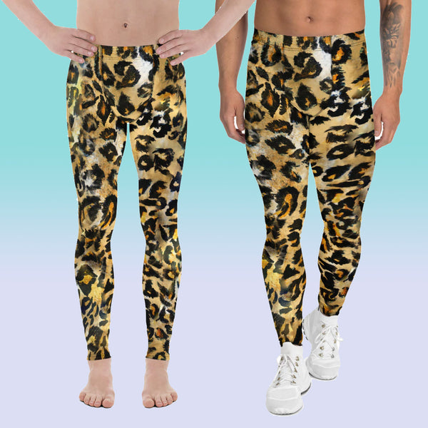 Leopard Rave Men's Leggings, Wild Animal Print Premium Classic Elastic Comfy Men's Leggings Fitted Festival Tights Pants - Made in USA/EU (US Size: XS-3XL) Spandex Meggings Men's Workout Gym Tights Leggings, Compression Tights, Kinky Fetish Men Pants