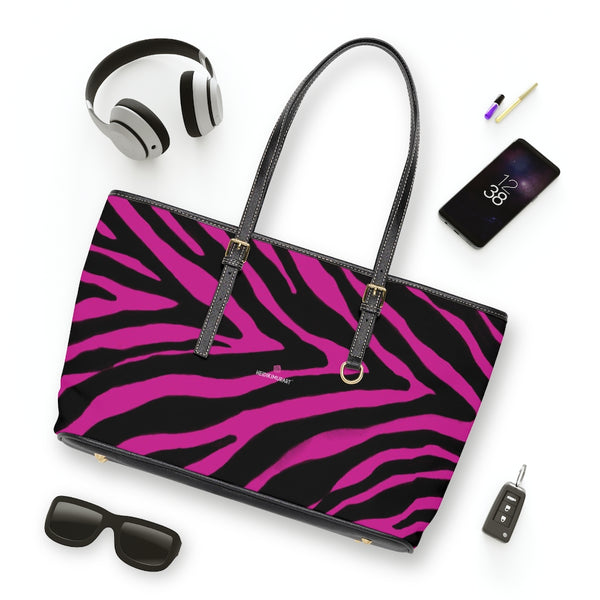 Hot Pink Zebra Tote Bag, Zebra Striped Pink and Black Animal Print PU Leather Shoulder Large Spacious Durable Hand Work Bag 17"x11"/ 16"x10" With Gold-Color Zippers & Buckles & Mobile Phone Slots & Inner Pockets, All Day Large Tote Luxury Best Sleek and Sophisticated Cute Work Shoulder Bag For Women With Outside And Inner Zippers