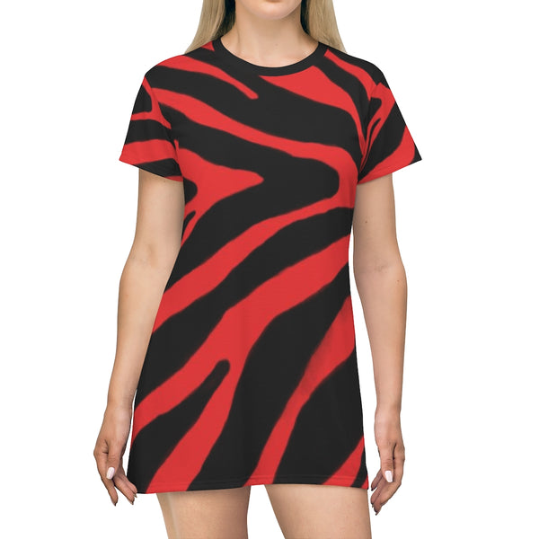 Red Zebra Print T-Shirt Dress, Zebra Animal Print Designer Crew Neck Women's Long Tee T-shirt Fashion Dress-Made in USA (US Size: XS-2XL)