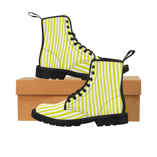 Yellow Striped Women's Canvas Boots, Vertically White Striped Print Winter Boots For Ladies-Shoes-Printify-Black-US 9-Heidi Kimura Art LLC Yellow Striped Women's Canvas Boots, Vertically White Striped Print Designer Women's Winter Lace-up Toe Cap Boots Shoes For Women, Striped Boots For Women For Sale (US Size 6.5-11)