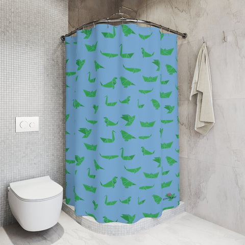Blue Crane Polyester Shower Curtain, Japanese Origami Style Crane Birds Print 71" × 74" Modern Kids or Adults Colorful Best Premium Quality American Style One-Sided Luxury Durable Stylish Unique Interior Bathroom Shower Curtains - Printed in USA