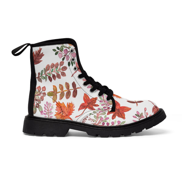 Fall Leaves Print Women's Boots, White Autumn Fall Leaves Print Women's Boots, Best Winter Boots For Women