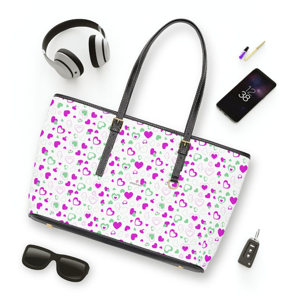 Pink Hearts Print Tote Bag, PU Leather Shoulder Hand Work Bag