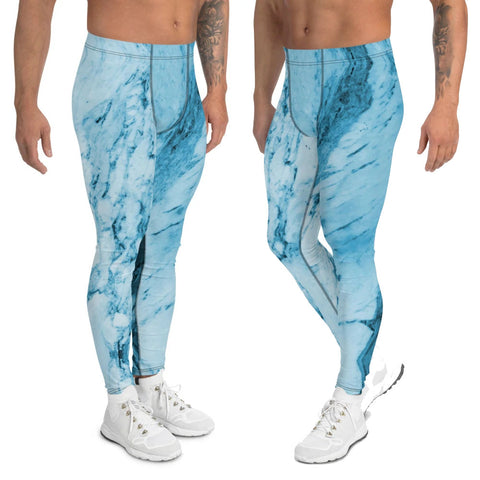 Blue Marble Print Meggings, Designer Abstract Premium Sexy Meggings Men's Workout Gym Tights Leggings, Men's Compression Tights Pants - Made in USA/ EU (US Size: XS-3XL) 