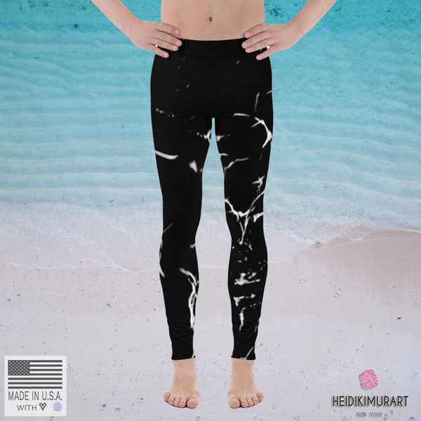 Black Marble Print Men's Leggings, Abstract Printed Meggings Run Tights-Made in USA/EU-Men's Leggings-Heidi Kimura Art LLC