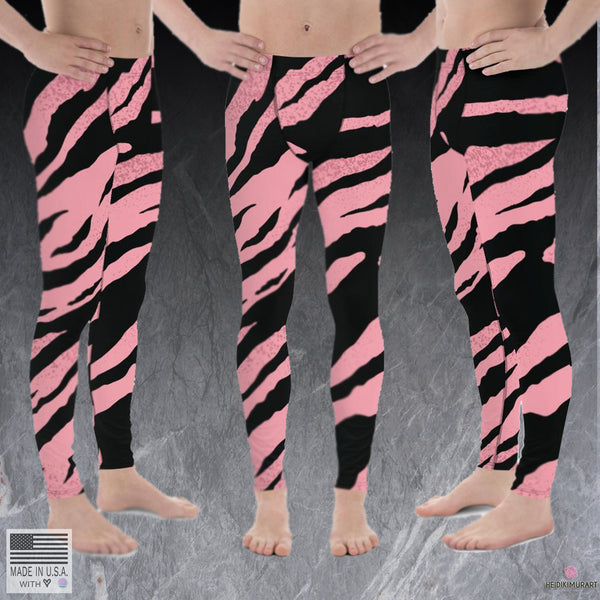 Pink Black Zebra Striped Animal Print Men's Workout Gym Sexy Leggings Tights Pants-Men's Leggings-Heidi Kimura Art LLCPink Black Zebra Meggings, Pink Black Zebra Striped Animal Print Men's 38-40 UPF Workout Gym Sexy Leggings Tights-Made in USA/EU (US Size: XS-3XL)