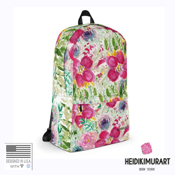 Pink Watercolor Floral Print Designer Medium Size (Fits 15" Laptop) Backpack-Made in USA/ Europe-Backpack-Heidi Kimura Art LLC