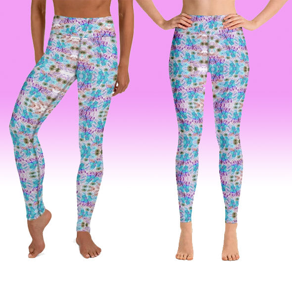 Blue Floral Yoga Leggings, Feminine Girlie Flower Print Women's Active Wear Fitted Leggings, Girlie Cute Flower Printed Colorful Sports Long Yoga & Barre Pants For Ladies - Made in USA/EU/MX (US Size: XS-6XL)