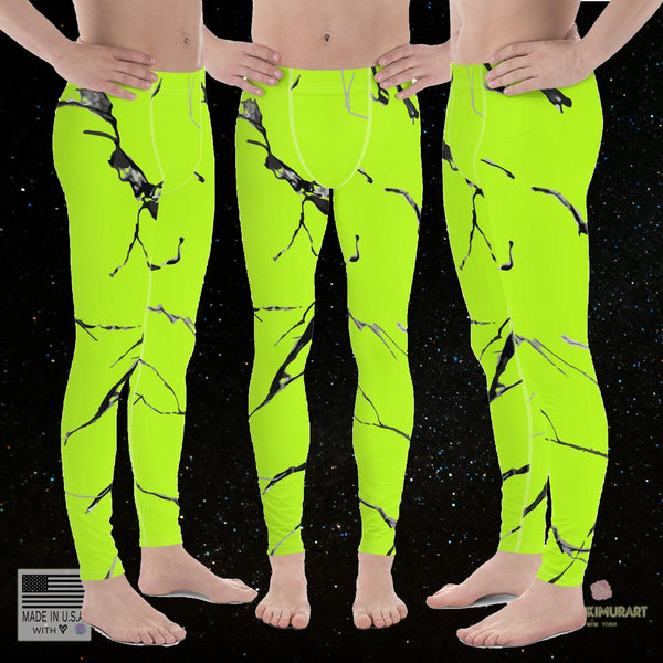 Neon Green Marble Texture Print Sexy Meggings Men's Workout Gym Tights Leggings-Men's Leggings-Heidi Kimura Art LLC Neon Green Marble Meggings, Bright Colorful Neon Green Marble Texture Print Sexy Meggings Men's Workout Gym Tights Leggings-Made in USA/EU (US Size: XS-3XL)