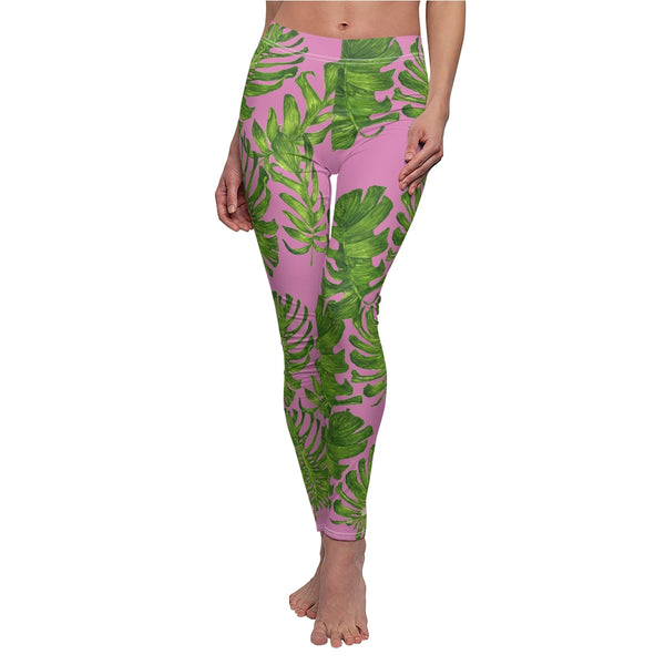 Light Pink Green Tropical Leaf Print Women's Dressy Long Casual Leggings- Made in USA-Casual Leggings-Heidi Kimura Art LLC