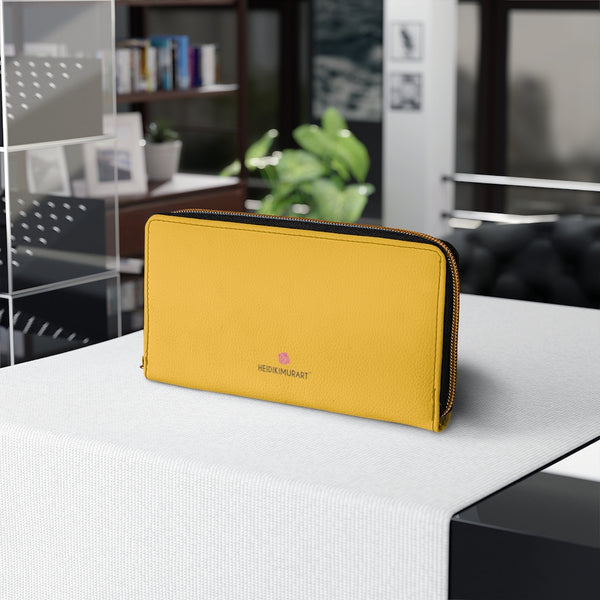 Yellow Color Zipper Wallet, Solid Yellow Color Best 7.87" x 4.33" Luxury Cruelty-Free Faux Leather Women's Wallet & Purses Compact High Quality Nylon Zip & Metal Hardware, Luxury Long Wallet With Cardholders For Modern Women