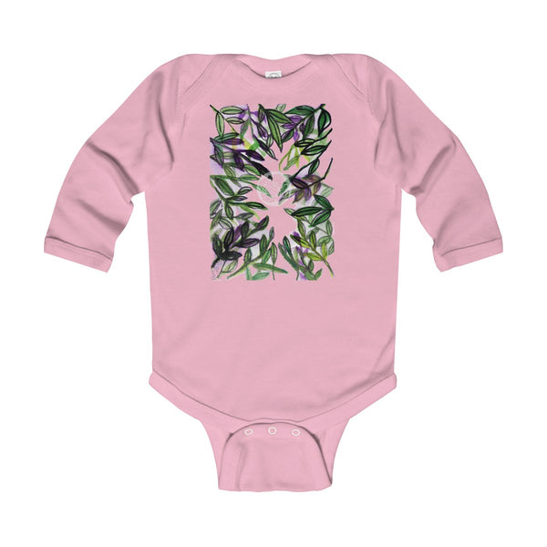 Green Tropical Leaves Baby Infant Long Sleeve Bodysuit - Made in UK (UK Size: 6M-24M)-Kids clothes-Pink-12M-Heidi Kimura Art LLC