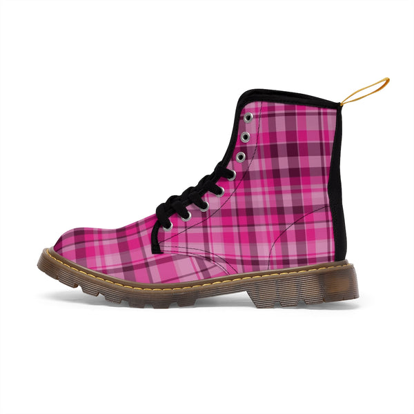Pink Plaid Women's Canvas Boots, Best Pink Plaid Print Canvas Boots For Women, Elegant Feminine Casual Fashion Gifts, Hunting Style Combat Boots, Designer Women's Winter Lace-up Toe Cap Hiking Boots Shoes For Women (US Size 6.5-11)