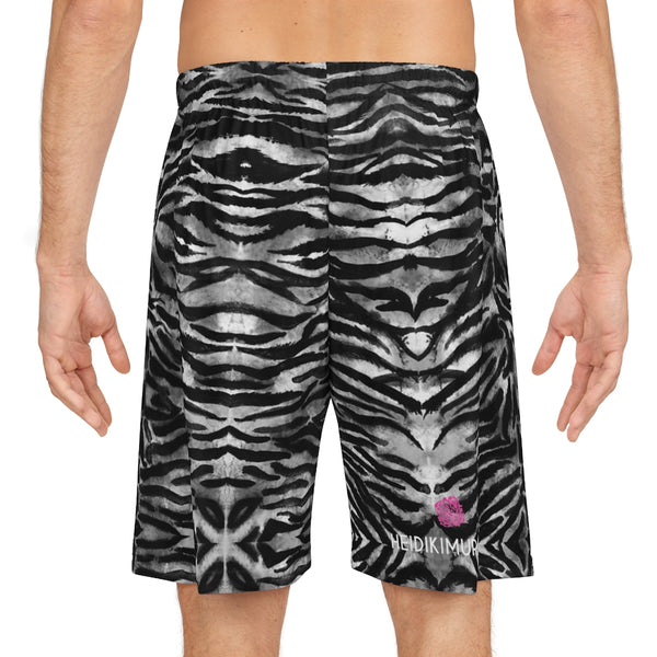 Grey Tiger Men's Basketball Shorts, Tiger Striped Men's Shorts - Made in USA